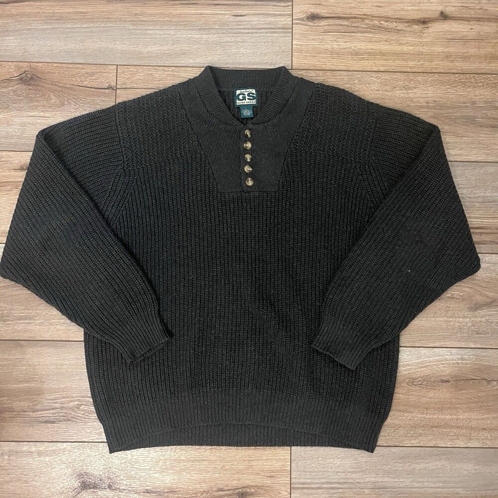 Vintage Guide Series Cotton Knit Henley Black Gray Fisherman Sweater Size Large